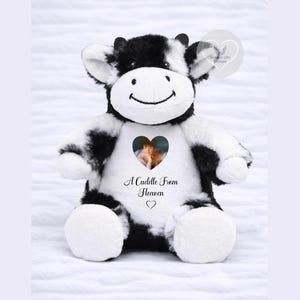 May include: A plush cow toy with black and white fur, featuring a white chest area printed with a heart-shaped photograph of a person, the text A Cuddle From Heaven, and a small heart icon below the text, all in a soft, seated position.