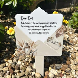 Marcador de túmulo com carta para o Dia dos Pais | Marcador de túmulo celestial para o Dia dos Pais | Carta para o papai no céu | Pai desaparecido | Decoração de marcador de túmulo | Memorial