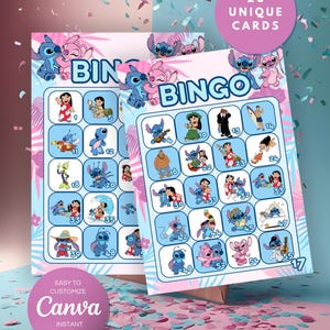 Tarjeta de Bingo de Stitch | Cumpleaños de Stitch | Juego de Stitch | Descarga instantánea | Juegos de cartas | 20 tarjetas de bingo únicas | Actividades para fiestas de cumpleaños
