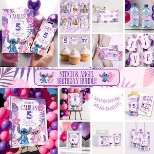 Pacchetto compleanno Stitch e Angel | Invito Stitch e Angel | Invito digitale, striscione, cartello di benvenuto, cartelli ed etichette | Set festa Stitch