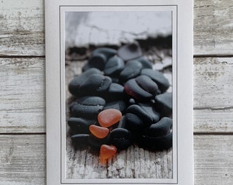 Sea Glass Card, Sea Glass Photo Card, Black and Orange Sea Glass, Photography Card