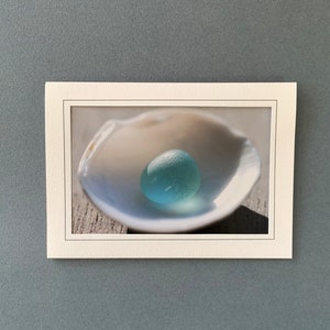 Sea Glass Photography, Sea Glass Note Card, Photography Note Card, Frameable Card, Vintage Blue Glass Card, Sea Glass and Sea Shell Card image 1