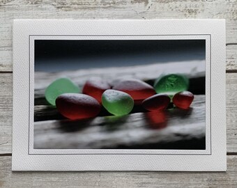 Sea Glass Greeting Card, Sea Glass Christmas Card, Red and Green Sea Glass Card, Christmas Card