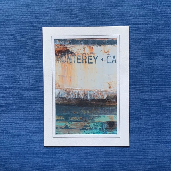 Monterey Bay Card, California Coastline Note Card, Handmade Blank Card, Rusty Harbor Boat, Monterey Boat, Turquoise Boat Patina