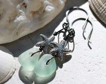 Sea Glass Earrings, Dangle Sea Glass Silver Starfish Earrings, Sea Glass Jewelry, Oxidized Copper with Sea Glass, Boho Beach Dangles