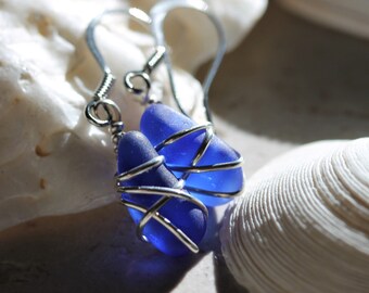 Cobalt Sea Glass Earrings, Cobalt Blue Beach Glass Earrings, Rare Cobalt, Boho Wire Wrapped Earrings, Silver Wire Jewelry, Sea Glass Jewelry