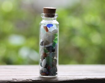 Tiny Sea Glass, Shells, Beach Stones, Bottle of Sea Glass, Bottle of Beach Finds, Beachcombing Bottle, Genuine Sea Glass, Seashells, Beach