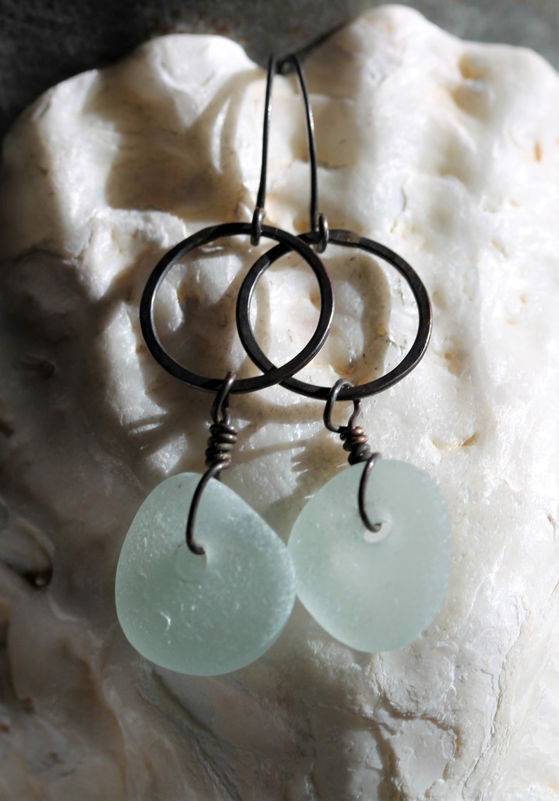 Dangle Sea Glass Earrings Sea Glass Jewelry Sea Glass Earrings Boho Dangle Earrings Boho Glass Jewelry Oxidized Copper with Sea Glass
