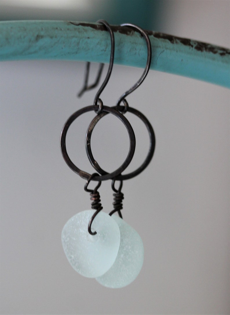 Dangle Sea Glass Earrings Sea Glass Jewelry Sea Glass Earrings Boho Dangle Earrings Boho Glass Jewelry Oxidized Copper with Sea Glass