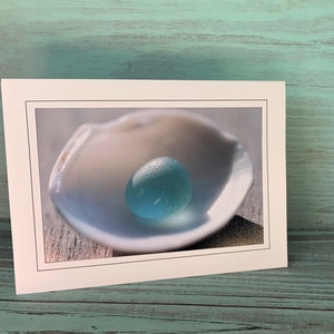 Sea Glass Photography, Sea Glass Note Card, Photography Note Card, Frameable Card, Vintage Blue Glass Card, Sea Glass and Sea Shell Card image 2