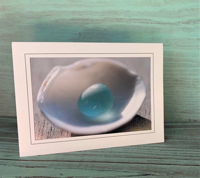 Sea Glass Photography, Sea Glass Note Card, Photography Note Card, Frameable Card, Vintage Blue Glass Card, Sea Glass and Sea Shell Card image 2