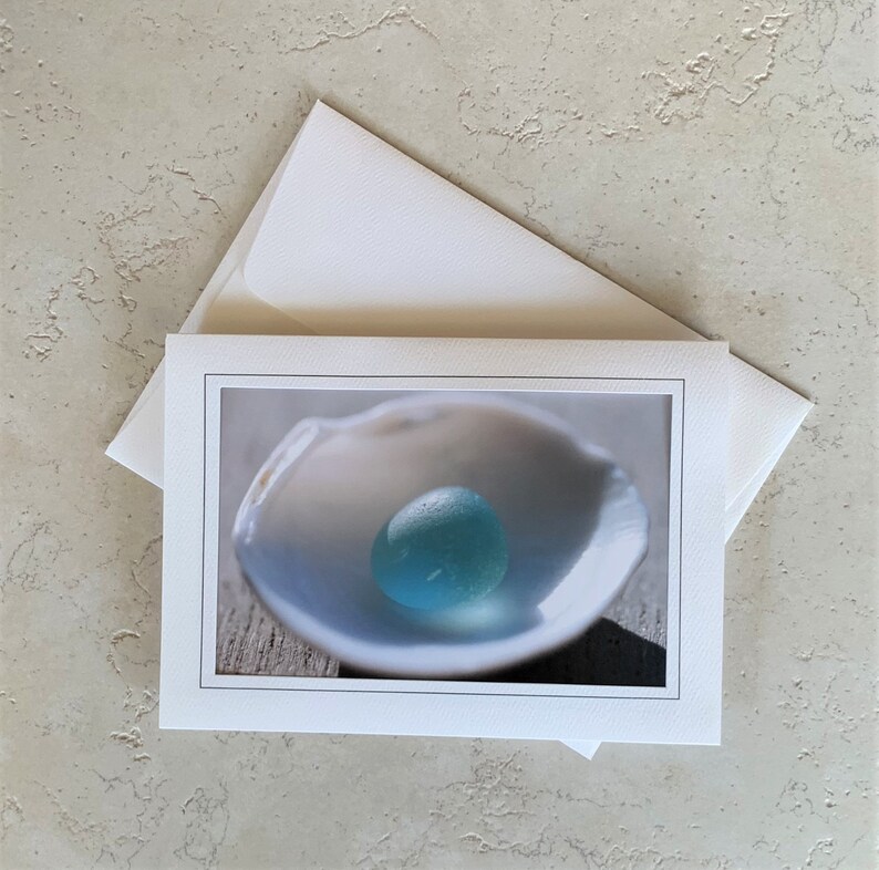 Sea Glass Photography, Sea Glass Note Card, Photography Note Card, Frameable Card, Vintage Blue Glass Card, Sea Glass and Sea Shell Card image 3