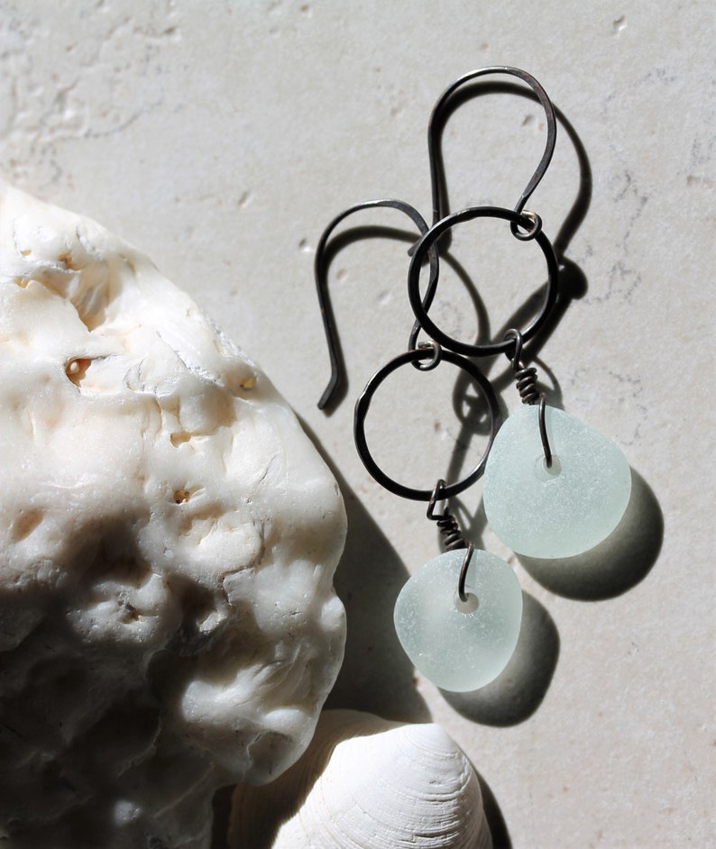 Dangle Sea Glass Earrings Sea Glass Jewelry Sea Glass Earrings Boho Dangle Earrings Boho Glass Jewelry Oxidized Copper with Sea Glass