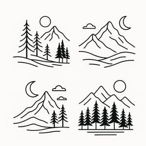 May include: Four black and white line art illustrations of mountain and forest scenes. Each scene includes mountains, trees, clouds, a sun, or a crescent moon. The designs are simple and minimalist.