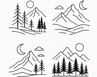 May include: Four black and white line art illustrations of mountain and forest scenes. Each scene includes mountains, trees, clouds, a sun, or a crescent moon. The designs are simple and minimalist.