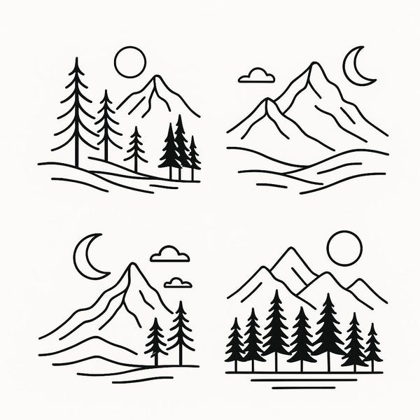 Minimalist Mountain Line Art Designs: Forest Moon Clipart Bundle (PDF, PNG, JPG)