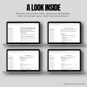 K&ouml;nnte beinhalten: Vier Laptop-Bildschirme, die ein digitales Marketing-Toolkit f&uuml;r E-Commerce-Unternehmen zeigen. Das Toolkit enth&auml;lt Vorlagen f&uuml;r Willkommens-E-Mails, SMS-Nachrichten und Push-Benachrichtigungen. Das Toolkit tr&auml;gt den Titel "Ultimate Ecommerce Marketing Toolkit".