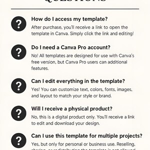 May include: A white graphic with the text "FREQUENTLY ASKED QUESTIONS" in black. The graphic answers questions about accessing, editing, and using a template in Canva. The graphic also states that the product is digital.