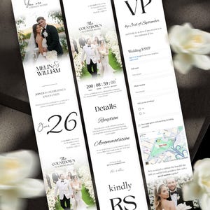 May include: Elegant wedding invitation suite with a black and white design. Features include photos of the couple, RSVP details, and a countdown timer. The invitation is adorned with floral accents and the names Melin & William.
