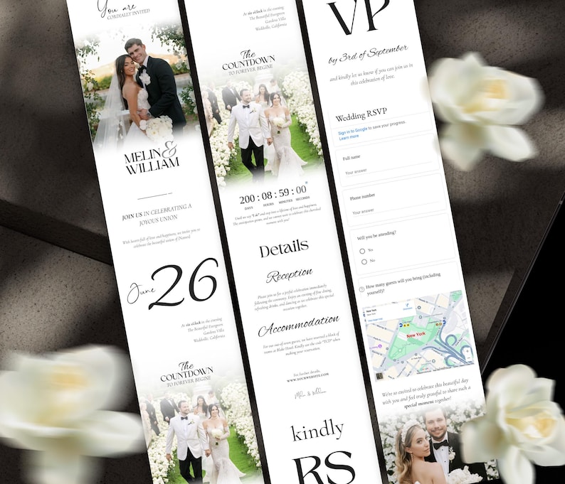 May include: Elegant wedding invitation suite with a black and white design. Features include photos of the couple, RSVP details, and a countdown timer. The invitation is adorned with floral accents and the names Melin & William.