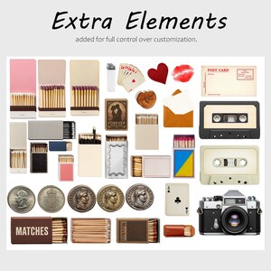 May include: A selection of vintage items, including matchboxes, playing cards, coins, a cassette tape, a camera, and a postcard. The text "Extra Elements" and "added for full control over customization" are visible.