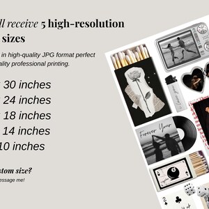 May include: A collage of romantic imagery, including photos, a vinyl record, and matchboxes. The text indicates the product offers five high-resolution poster sizes: 50.8x76.2cm, 45.7x61cm, 30.5x45.7cm, 27.9x35.6cm, and 20.3x25.4cm.