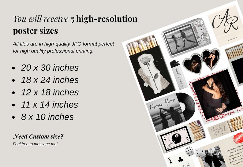 May include: A collage of romantic imagery, including photos, a vinyl record, and matchboxes. The text indicates the product offers five high-resolution poster sizes: 50.8x76.2cm, 45.7x61cm, 30.5x45.7cm, 27.9x35.6cm, and 20.3x25.4cm.