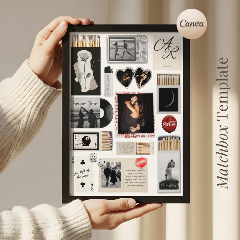 May include: A black framed collage featuring monochrome images of couples, a record, and a retro television. The collage includes the text "Forever Yours" and "Our Story". The word "Canva" is also visible.