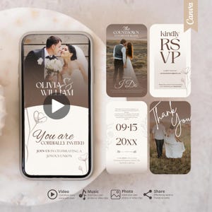 Elegant Rustic Wedding Video Invitation: Editable Canva Template