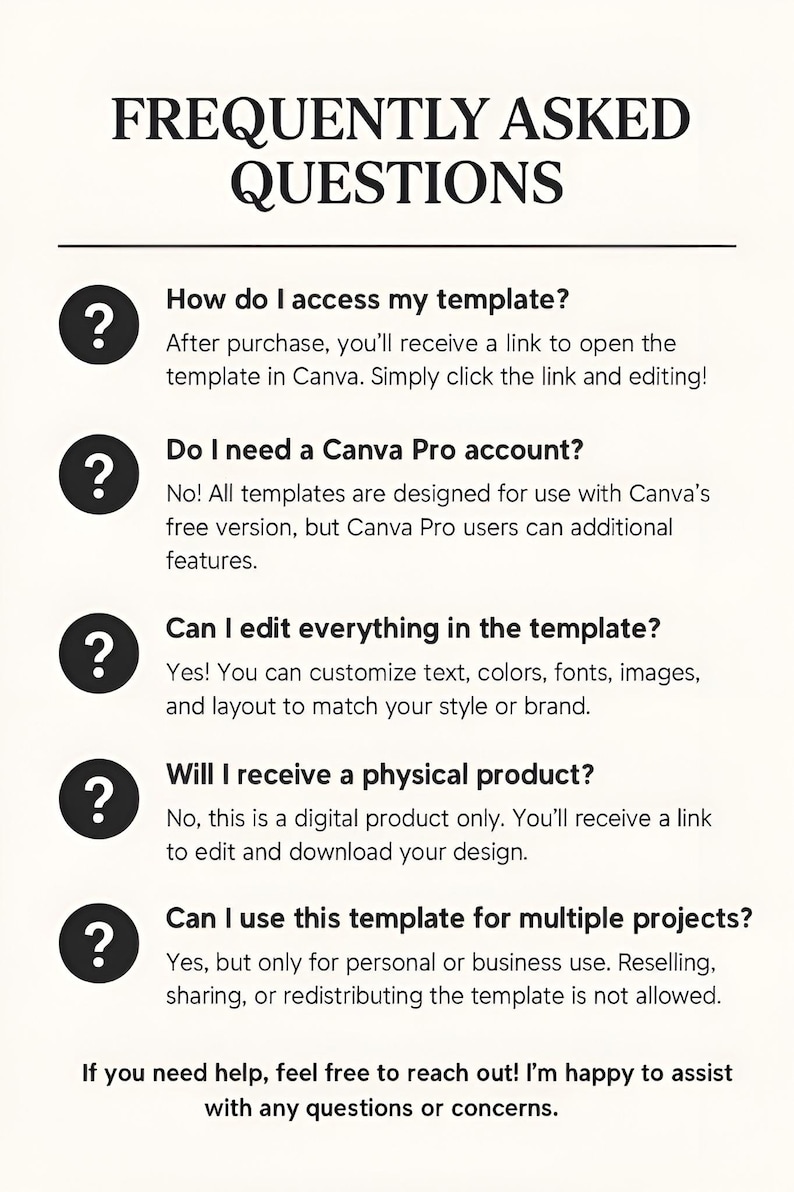 May include: A white background with the text "FREQUENTLY ASKED QUESTIONS" in black. Below, a list of questions and answers about accessing and using a template in Canva, including editing and usage rights.