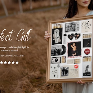 May include: A framed collage with a gold border, containing black and white images, photos, a vinyl record, and playing cards. The text "Perfect Gift" is displayed at the top.