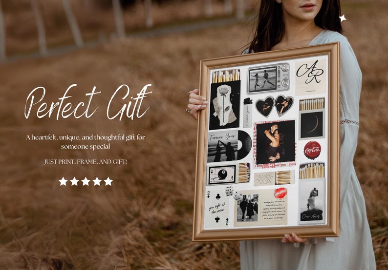 May include: A framed collage with a gold border, containing black and white images, photos, a vinyl record, and playing cards. The text "Perfect Gift" is displayed at the top.