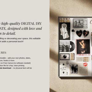 May include: A framed matchbook art piece with various black and white images, including photos, a record, and a Coca-Cola logo. The text on the left side describes the digital DIY template, highlighting its customizable features and ease of use.