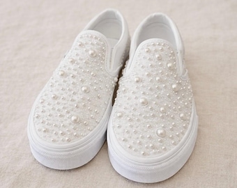 Pearl Slip-On Sneakers | Bridal Sneakers | Wedding Shoes | Custom Pearl Shoes | Bride Sneakers | Pearl Vans Style