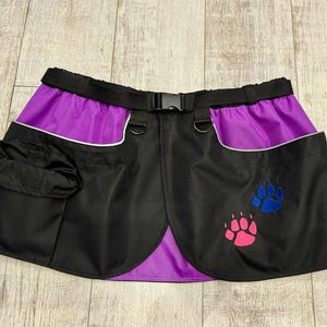 Men's handmade dog training apron, plus size: purple and black oxford fabric skirt with embroidered pink and royal blue paw prints
