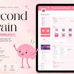 May include: A digital Notion template titled Second Brain displayed on a tablet screen, featuring a pink color scheme, a cartoon brain character, and various organizational modules including a calendar, task lists, and project trackers.