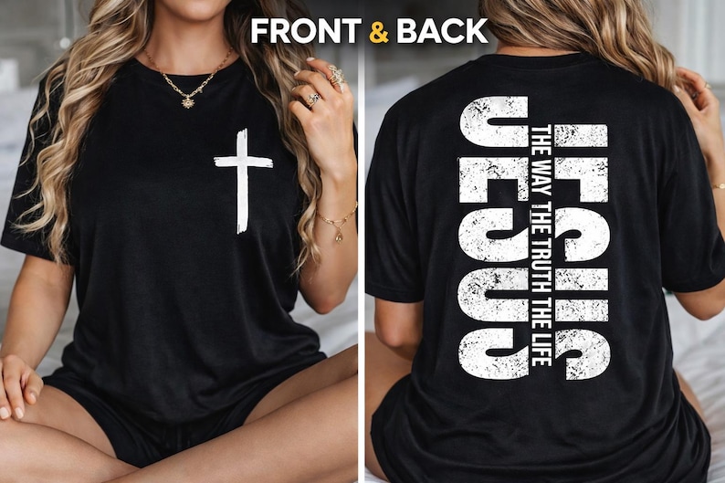 May include: Black t-shirt with a white cross on the front and the word "JESUS" vertically on the back, along with the text "THE WAY THE TRUTH THE LIFE". The shirt is a classic crew neck style.