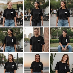 May include: Black short-sleeved t-shirts with a white cross design on the chest. The t-shirts are worn by various people in different outdoor settings. The people are wearing blue jeans.