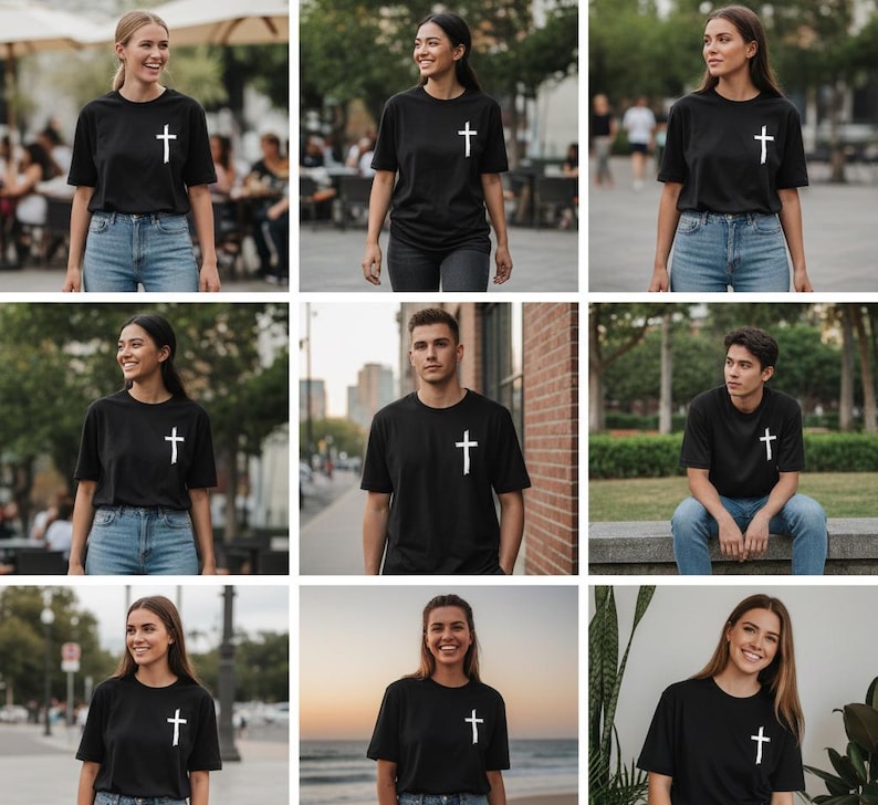 May include: Black short-sleeved t-shirts with a white cross design on the chest. The t-shirts are worn by various people in different outdoor settings. The people are wearing blue jeans.