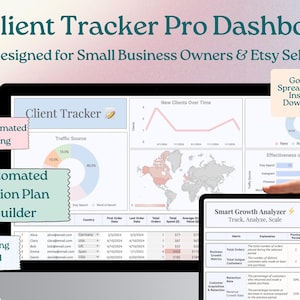 Puede incluir: Una pantalla de ordenador que muestra un panel de control de seguimiento de clientes con un gráfico circular, un gráfico de líneas, un mapa del mundo y una tabla. El panel de control está diseñado para propietarios de pequeñas empresas y vendedores de Etsy. El texto "Google Spreadsheet Instant Download" se muestra en un cuadro con un icono de hoja de cálculo.