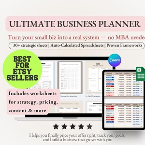 May include: A laptop computer screen displaying a business planner for Etsy sellers. The planner includes worksheets for strategy, pricing, content, and more. The text on the screen reads "Ultimate Business Planner" and "Best for Etsy Sellers".