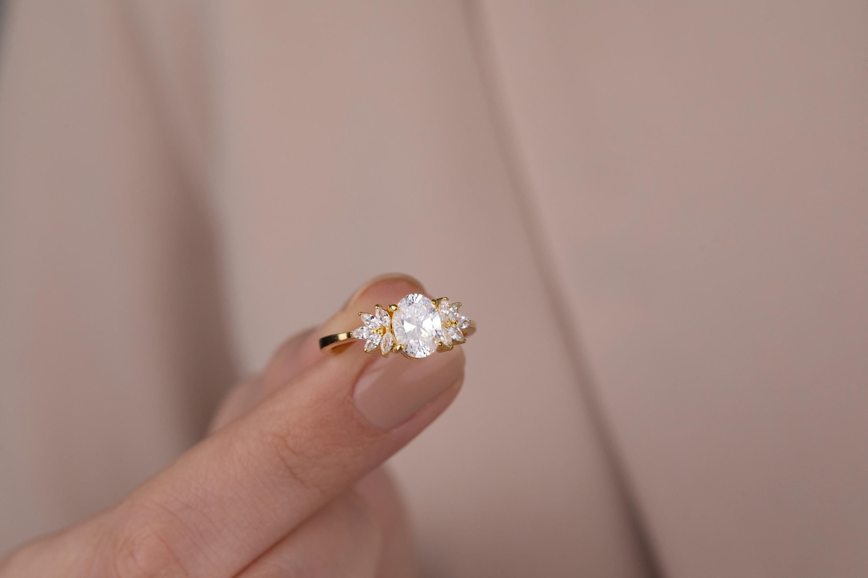 14k Solid Gold Vintage Moissanite Engagement Ring for Women ~ Cluster Accent Oval Moissanite Ring ~ Art Deco Simulated Diamond Wedding Ring
