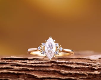 Vintage Style Marquise Moissanite Engagement Ring ~ 14K Gold Handmade Unique Ring ~ Celestial Inspired Bridal Ring ~ Dainty Promise Ring