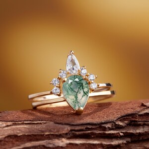Pear Shaped Moss Agate Engagement Ring Set ~ Vintage Pear Cut Ring ~ Wedding Band Rose Gold Cluster Unique Bridal Set Anniversary Gift