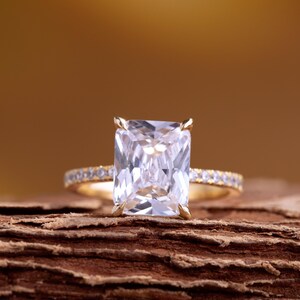 Radiant Moissanite Engagement Ring ~ 14K Solid Gold Pave Set Side Stone Ring ~ Sterling Silver Promise Ring with 4 CT Radiant Center Stone