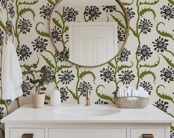 Boho Floral Block Print Wallpaper | Black and Sap Green Botanical | Bohemian Style | Funky Bathroom | Removable, Peel and Stick, Pre-Pasted