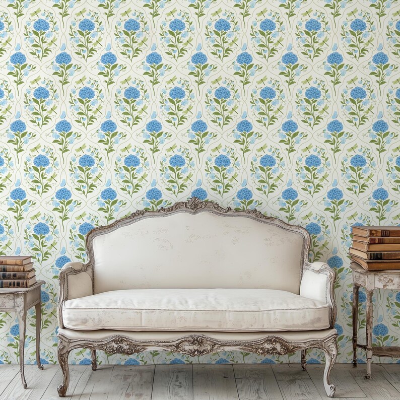 Blue Hydrangea Dragonfly Wallpaper | Cottagecore Floral Trellis | Removable & Pre-Pasted image 13