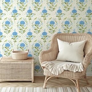 Blue Hydrangea Dragonfly Wallpaper | Cottagecore Floral Trellis | Removable & Pre-Pasted image 4