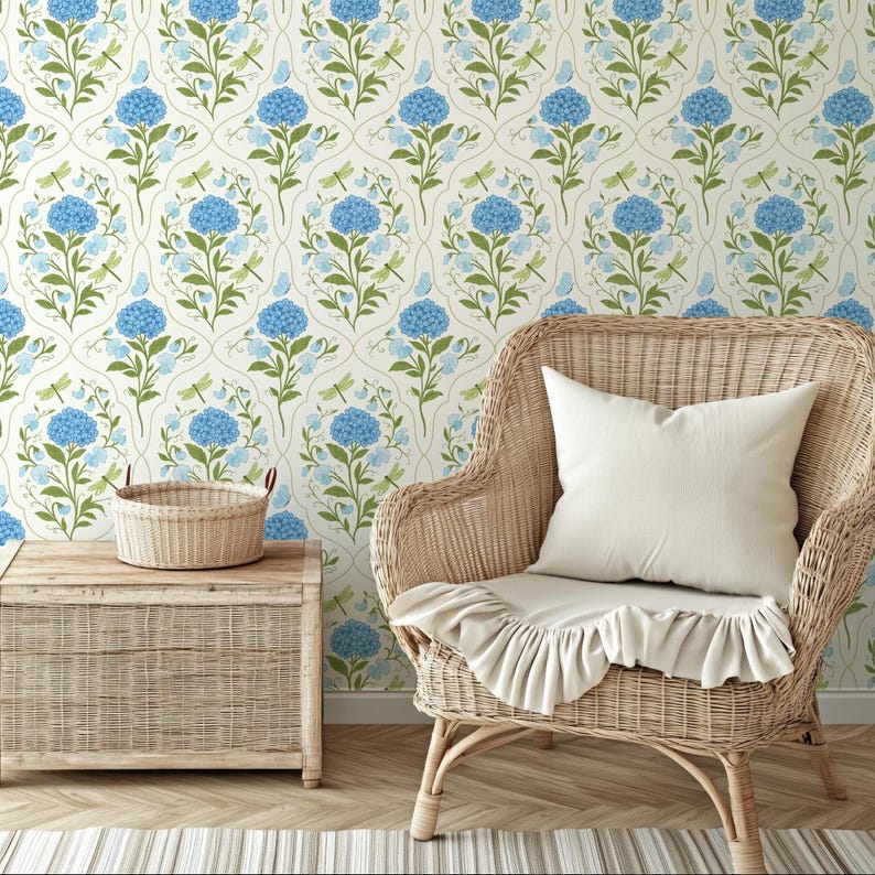 Blue Hydrangea Dragonfly Wallpaper | Cottagecore Floral Trellis | Removable & Pre-Pasted image 4