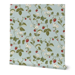 Cottage Chic Strawberry Wallpaper: Muted Blue, Removable Peel and Stick